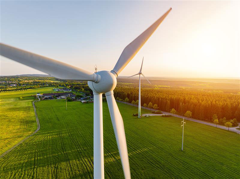Wind turbines sit on a green pasture
